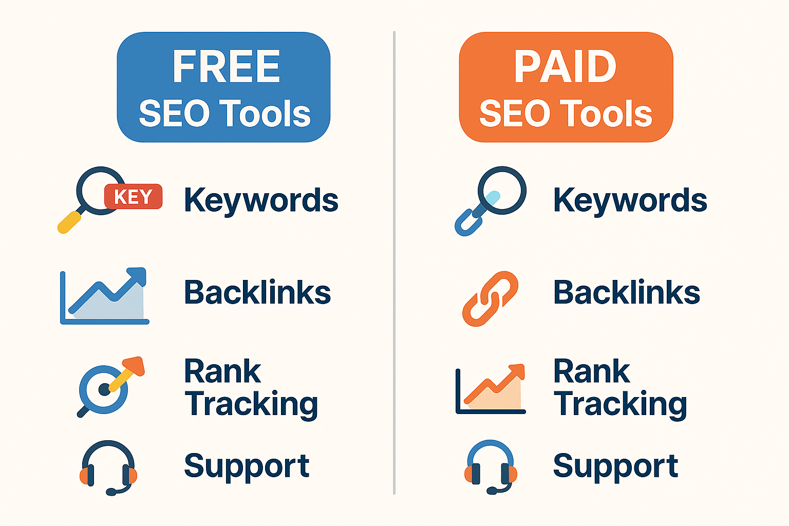 Infographic comparing free SEO tools and paid SEO tools side by side, featuring icons for keywords, backlinks, rank tracking, and support.