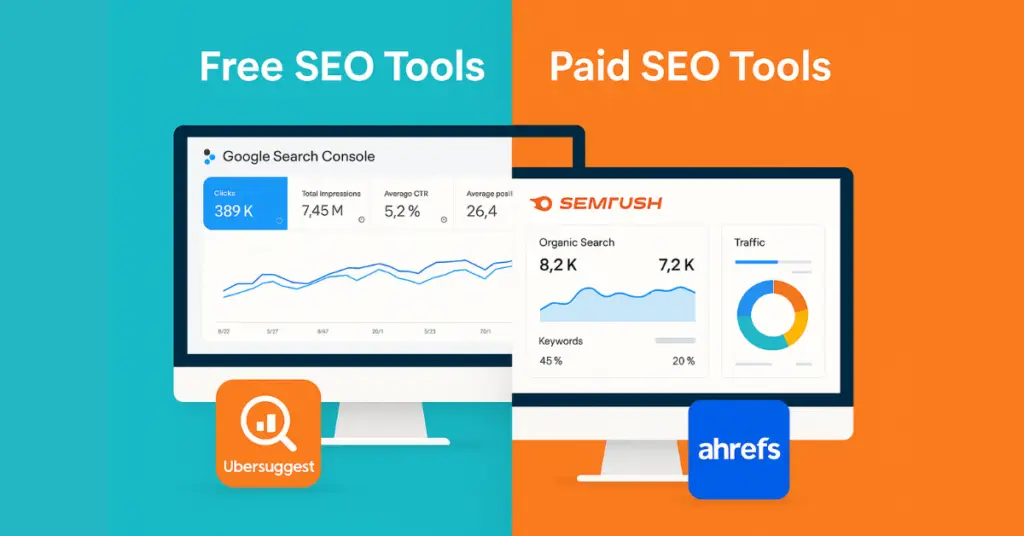 Split-screen illustration comparing Free SEO Tools and Paid SEO Tools, featuring Google Search Console and Ubersuggest on the left, and SEMrush and Ahrefs on the right.
