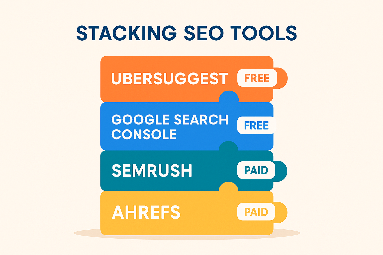 A digital illustration showing a stacked set of SEO tools — both free and paid — fitting together like puzzle pieces, symbolizing an integrated approach to SEO.
