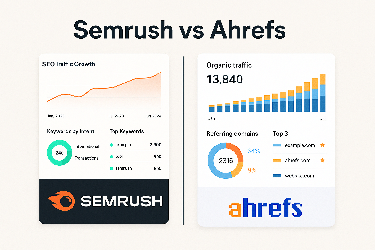 Infographic comparing Semrush and Ahrefs report visuals, including graphs, tables, and layout styles.
